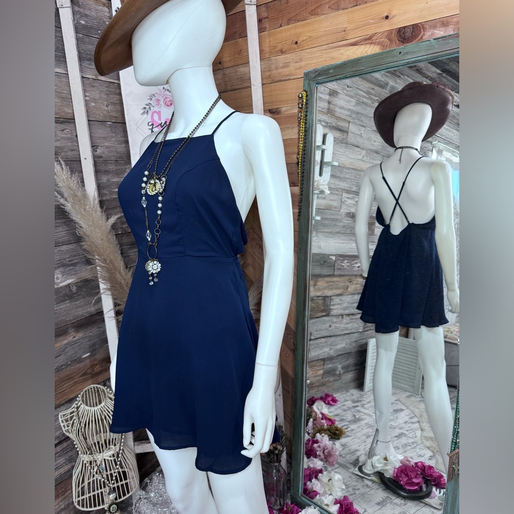 Forever 21 Criss Cross Low Back Flowy Fully Lined Dress Deep Blue Large